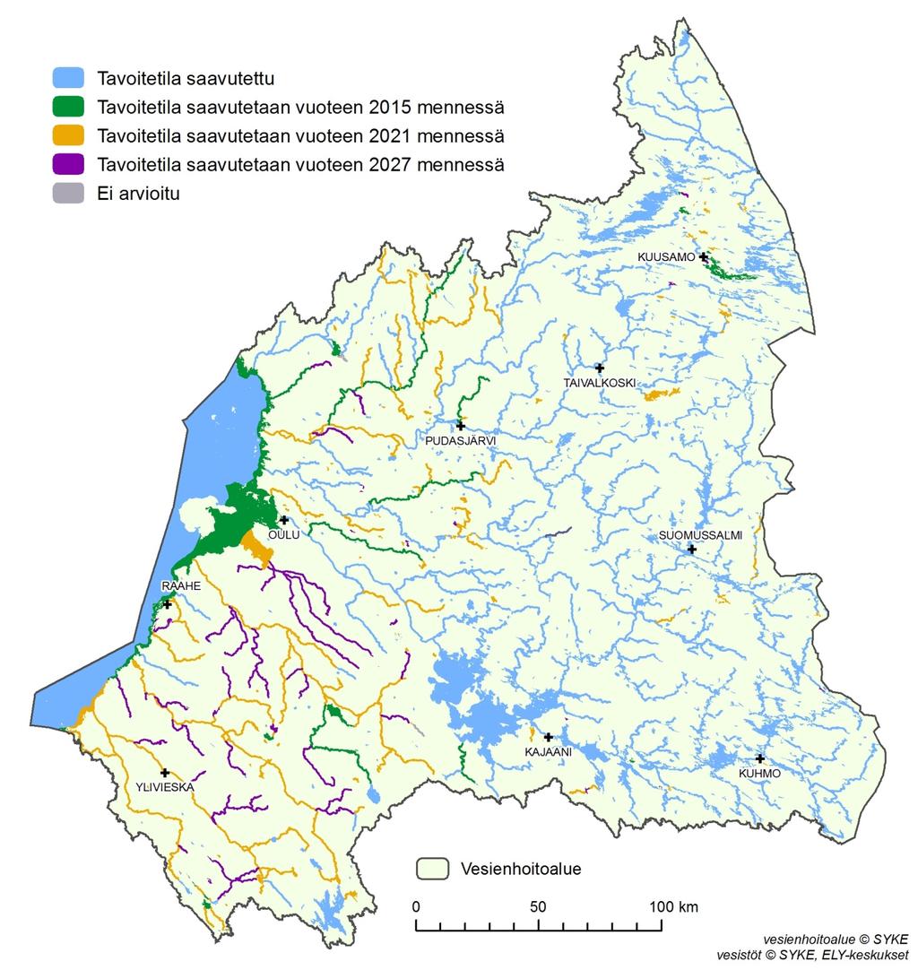 pohjoisen osa-alueen järvien vesiruttoesiintymissä (taulukko 11.1). Monessa tapauksessa poikkeaman tarpeen aiheuttaa useampi kuin yksi näistä syistä. Kuva 11.1. Arvio tavoitetilan (vähintään hyvä ekologinen tila) saavuttamisesta Oulujoen-Iijoen vesienhoitoalueella.