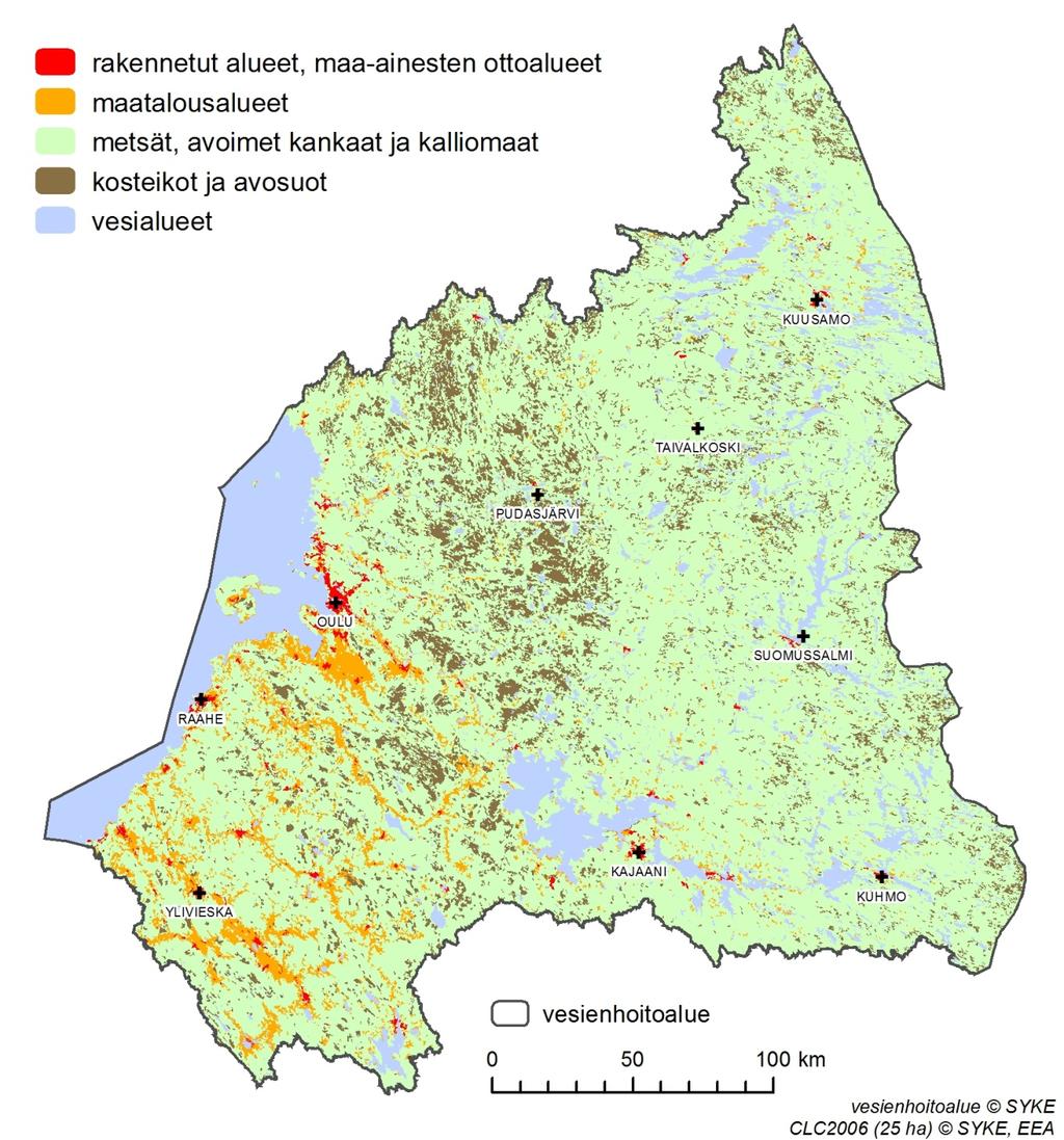 on hietamailla, mutta niitä on runsaasti myös turvemailla. Turvetuotantoalueita vesienhoitoalueella on noin 24 500 ha (2012).