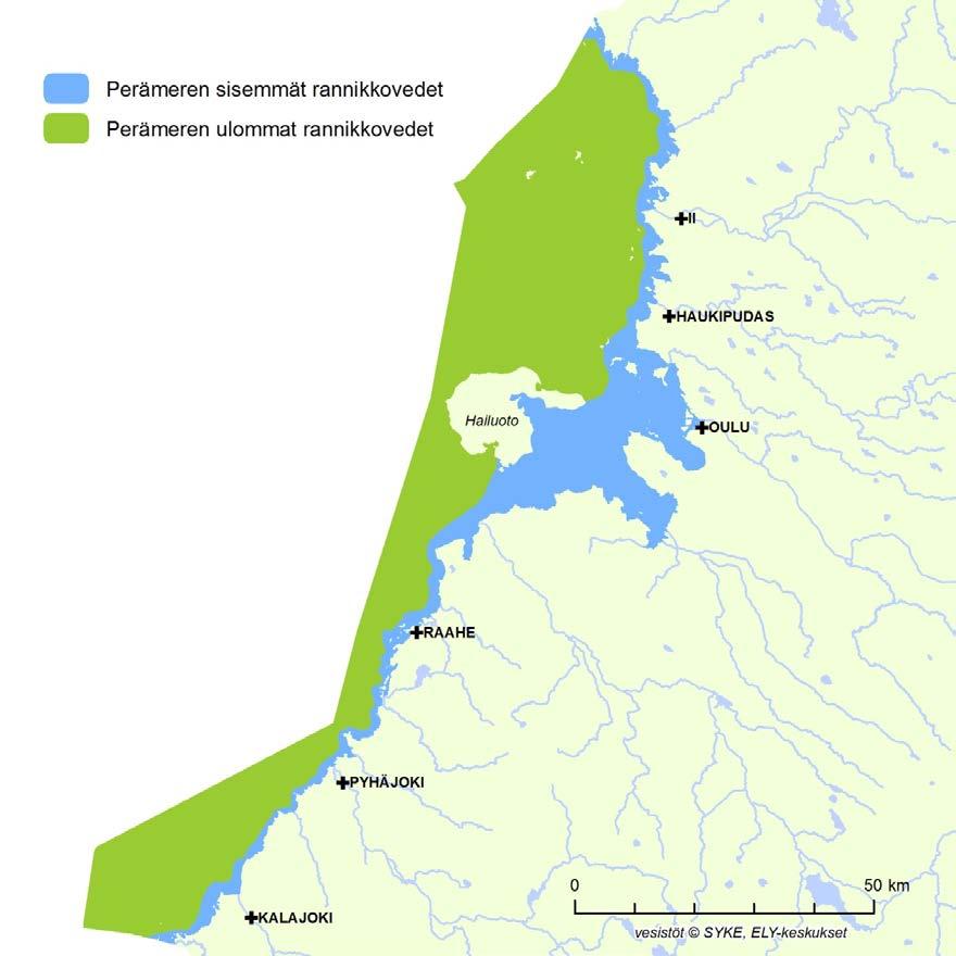 Kuva 3.3 Oulujoen - Iijoen vesienhoitoalueen rannikkovesityypit. Taulukko 3.3. Oulujoen - Iijoen vesienhoitoalueen rannikkovesimuodostumien jakautuminen tyyppeihin.
