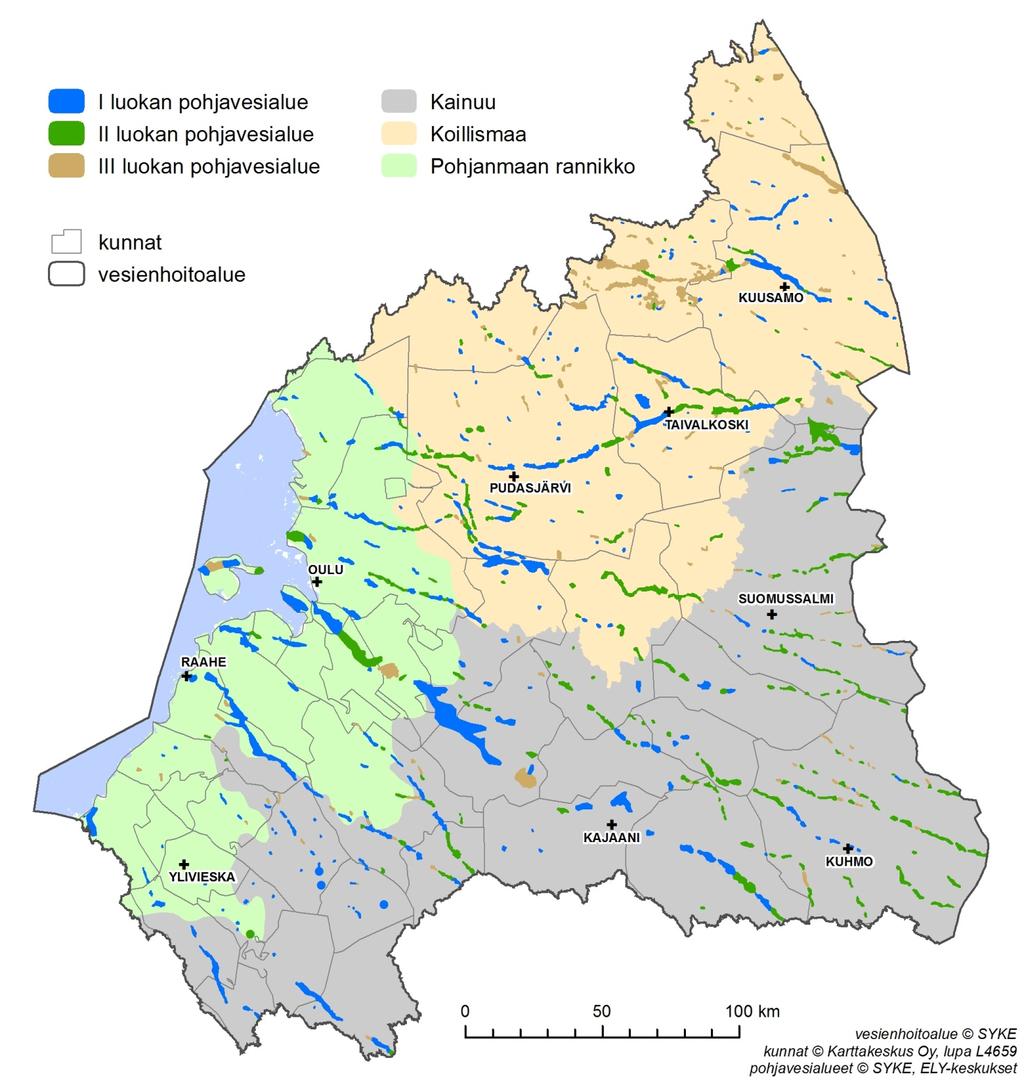 Kuva 3.4. Kartoitetut pohjavesialueet Oulujoen - Iijoen vesienhoitoalueella. I luokan pohjavesialueen pohjavettä käytetään tai tullaan suunnitelmien mukaan käyttämään 20 30 vuoden kuluessa.
