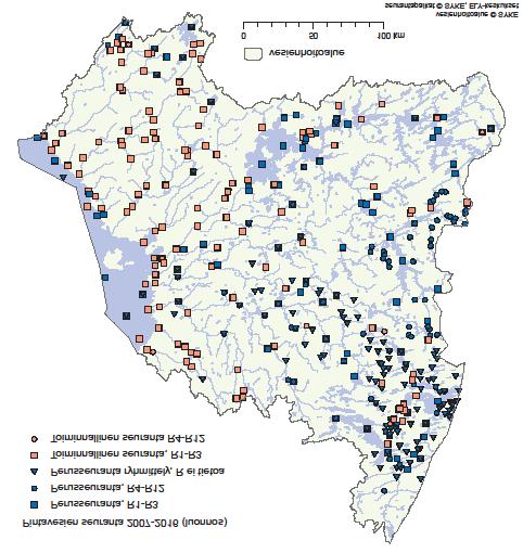 Kuva 7.2. Pintavesien seurantapaikat 2007-2016. R=rotaatio kertoo kuinka monen vuoden välein seurantaa tehdään.