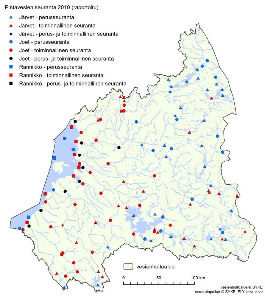 Kuva 7.3. Vuonna 2010 EU:lle raportoidut pintavesien seurantapaikat. Tällaisia järviä ryhmiteltiin 40 pääosin Kuusamon, Pudasjärven ja Taivalkosken alueella.