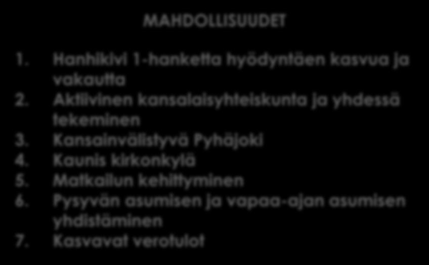 Laadukas perusopetus ja monipuolinen yrittäjyyslukio 8. Joustava päätöksenteko HEIKKOUDET 1. Väestön vanheneminen 2.