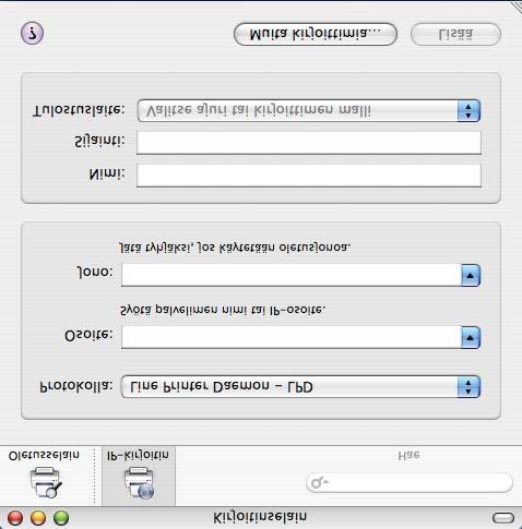 Mac OS X 10.4.x: Anna tulostimen IP-osoite kohtaan Osoite. Mac OS X 10.3.9 Mac OS X 10.4.x 10 Voit varmistaa IP-osoitteen verkkoasetuksista.