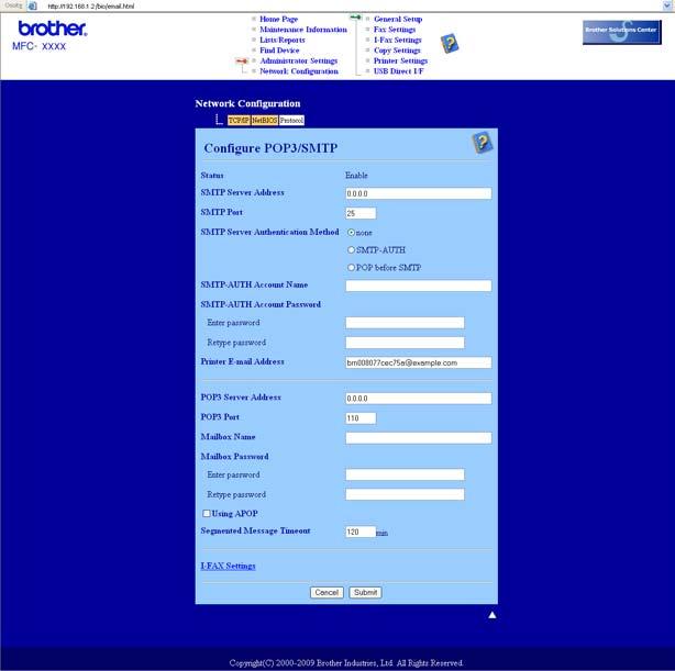 Suojaustoiminnot h POP3/SMTP-asetukset voidaan määrittää tällä sivulla. SMTP-porttinumero voidaan muuttaa myös WWW-pohjaisella hallinnalla.