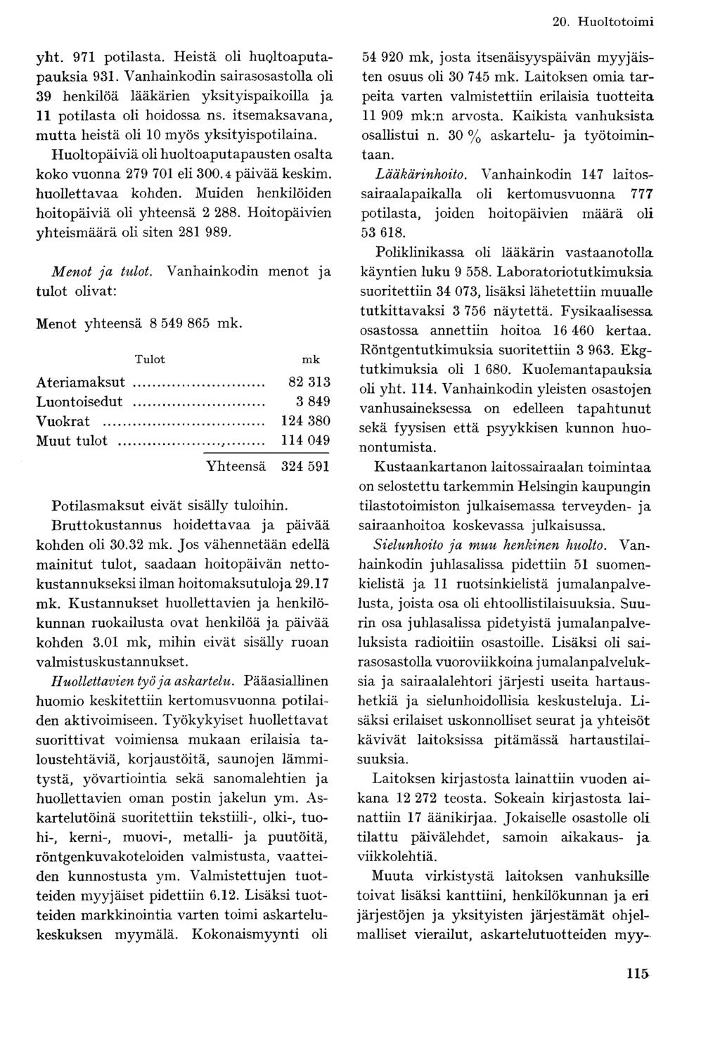 yht. 971 potilasta. Heistä oli huqltoaputapauksia 931. Vanhainkodin sairasosastolla oli 39 henkilöä lääkärien yksityispaikoilla ja 11 potilasta oli hoidossa ns.