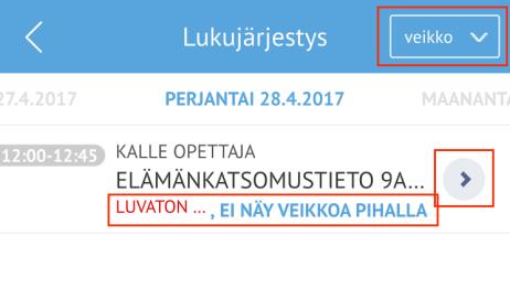 Keskeytä toiminto -painikkeella suljetaan valitse huollettava -näkymä. Lukujärjestys-osiossa nähdään päivän oppitunnit.