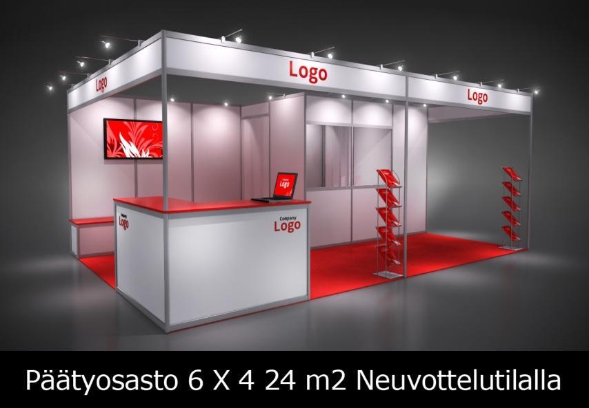Osasto 1-12 Hinta: 14800 euroa Osasto 6m x 4m kolme avointa sivua Ikkunallinen neuvottelutila varastolla 3m x 2m 3-osainen pistorasia 3 kpl Infotiski, lukittavat ovet 1 kpl (kulmamalli) Esittelytaso