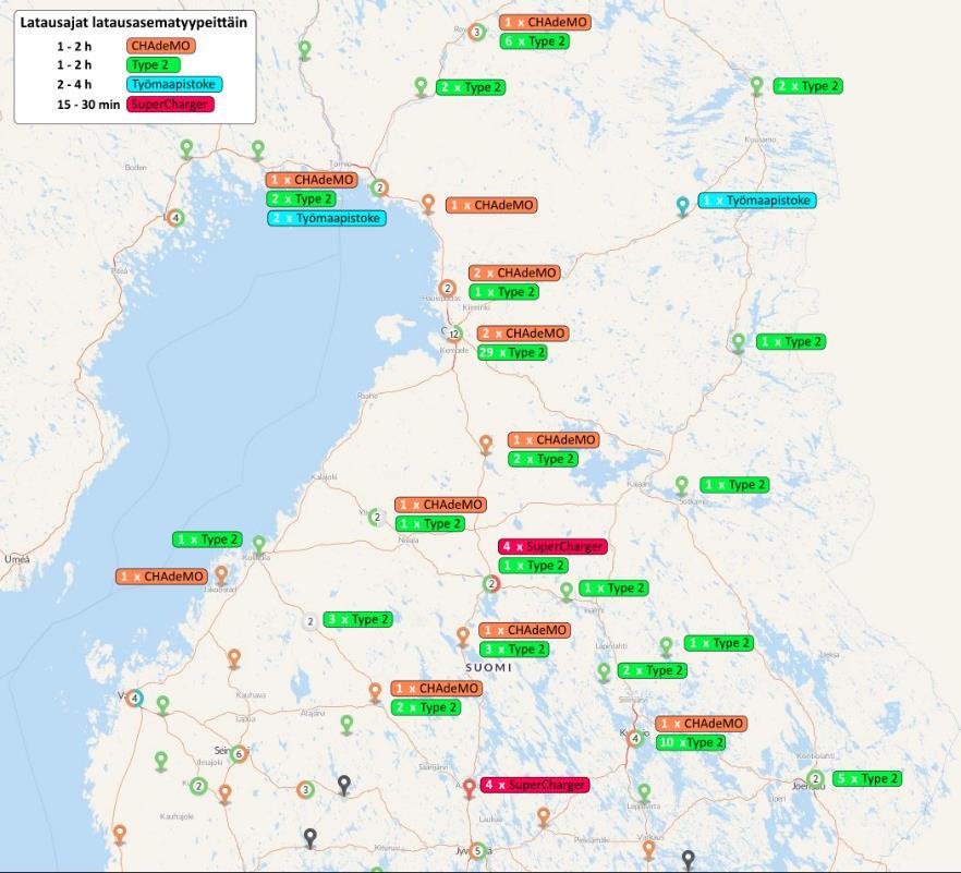 Kajaania lähin latausasema sijaitsee Vuokatissa, jossa on kahdella pistokkeella varustettu tyypin 2 asema.