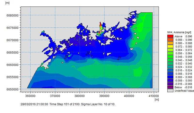 Kuva 9.7. Kuvakaappaus vuoden 2016 rannikkomallin tuottamasta veden laadun simulaatiosta ammoniumtypen osalta 28.3.2016 pintakerrokselle (ylempi paneeli) ja pohjakerrokselle (alempi paneeli).