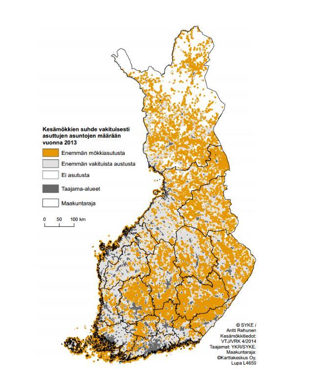 VAPAA-AJAN ASUNTOJEN JA VAKITUISTEN ASUNTOJEN SUHDE VUONNA 2013 FAKTALAATIKKO Kartta kuvaa vapaa-ajan asuntojen suhdetta vakituisesti asuttujen asuntojen määrään: keltaisella värillä olevissa