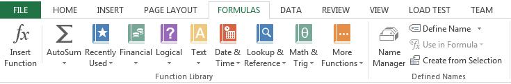 Excel 2013 Perusteet 5 Formulas (Kaavat) Lisääa funktio Viimeksi käytetyt funktiot Tekstifunktiot Haku Muut funktiot Summa Taloudelliset funktiot Loogiset Aika ja pvm Mat. ja trig.