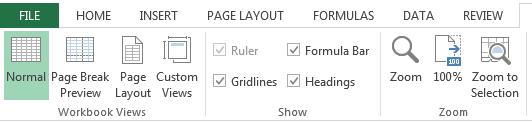 Excel 2013 Perusteet 6 View (Näytä) Normaalinäkymä Omat näkymät Kaavarivi näkyviin/pois Sivun asettelunäkymä