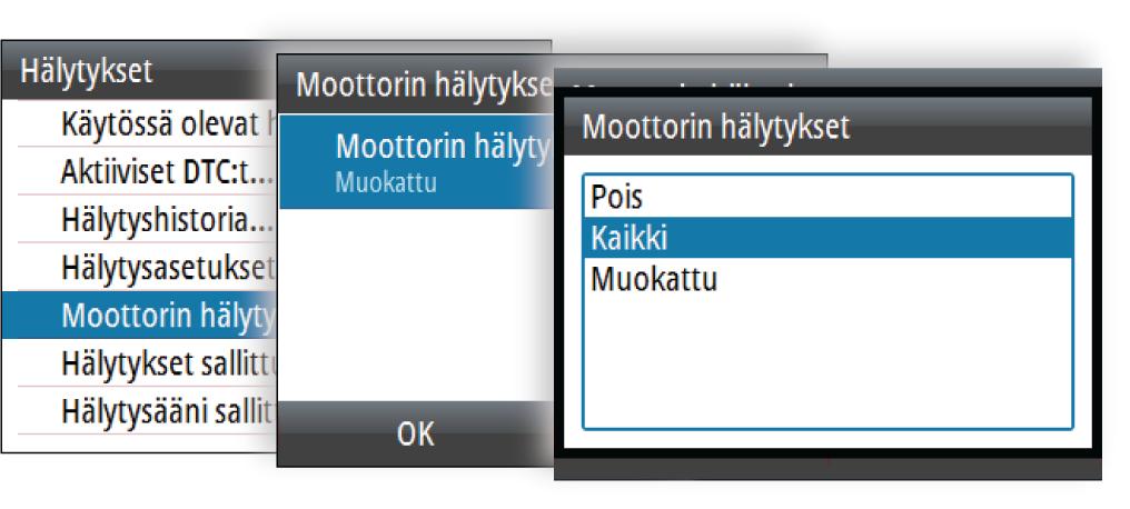 Hälytystietojen näyttäminen tai hälytyshistorian tyhjentäminen: Paina valikkopainiketta ja valitse haluamasi