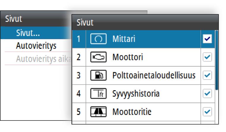 Sivun ottaminen käyttöön ja poistaminen käytöstä Sivu on otettava käyttöön, jotta se voidaan näyttää näytössä.