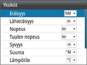 Desimaalipaikat Määrittää nopeuden ja meren lämpötilan desimaalien määrän. Näppäinäänet Asetuksella säädetään näppäimen painalluksesta kuuluvan äänen voimakkuus.