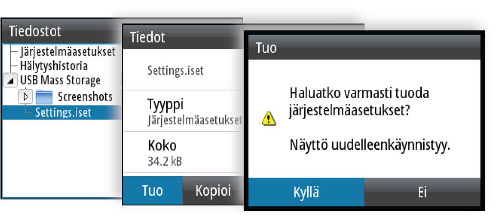 Järjestelmäasetusten tuonti 1 Liitä tallennuslaite yksikköön.