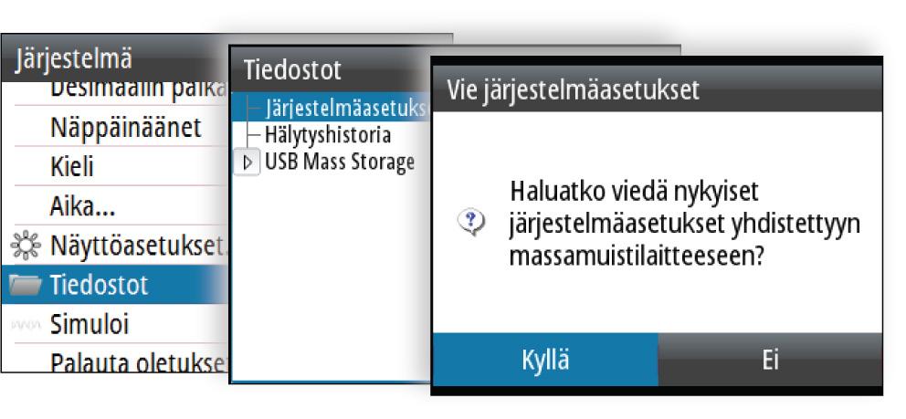 Varoitus: Järjestelmäasetusten tuonti korvaa kaikki aikaisemmat järjestelmäasetukset.