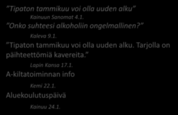 Aluetyön kuulumisia Huom! Valtakunnallisia kuulumisia! Suomen ensimmäinen kunnallinen kokemusasiantuntijan vakanssi on perustettu Vantaan terveyspalveluihin. Lisätietoja: Hannu Ylönen puh.