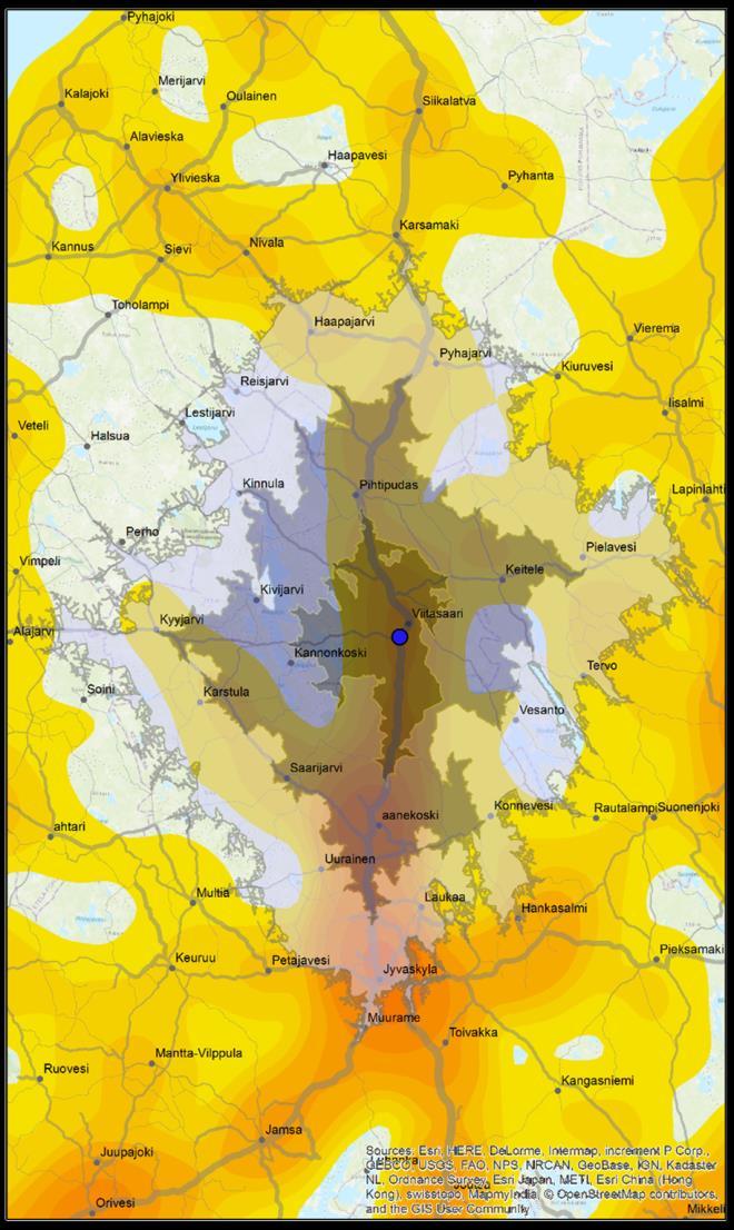 Heijastevaikutus pohjoisessa Pyhäjärven tasalle, etelässä Jyväskylään, idässä lähes Lapinlahdelle