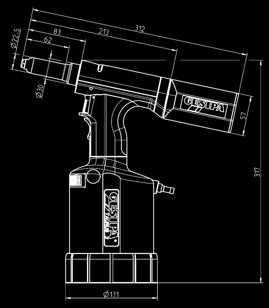 Pneumaattis-hydrauliset vetoniittityökalut 145 7871 STAURUS PH 2000 -karankeräyssäiliöllä 145 7878 Työskentelyalue Asentaa vetoniittejä 6.4 Ø asti kaikki materiaalit (maksimi karan halkaisija 4.