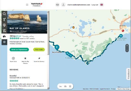 4. Napsauttamalla lippua saat lisätietoja pysähdyspaikasta. Alla on esimerkiksi valittu Bay of Islands -lippu. Näytössä näkyy pysähdyspaikasta saatavana olevat tiedot ja arvostelut. 5.