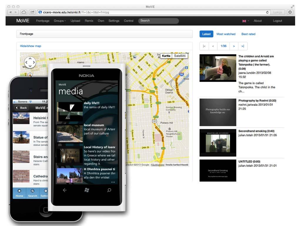 Kuva 1. Helsiningin yliopiston MoViE-palvelu toimii selainympäristössä ja erillisillä kännyköille ladattavilla sovelluksilla.