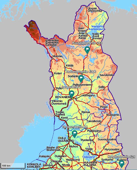 Mittauskohteet Vuotso (Asfalttitie1) - Vähäliikenteinen tie - Ohut päällysterakenne - Turvepohjamaa Vuojärvi (Asfalttitie2) Rovaniemi -Asfalttitie 3 Ylikiiminki -Soratie 1 Vuotso -Asfalttitie 1