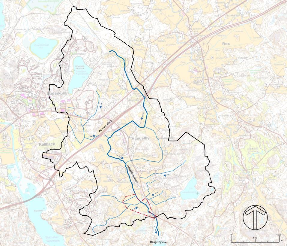Hulevesien hallintasuunnitelma 29.1.2018 7 (15) Kuva 5 Ote asemakaava-alueen valuma-aluekartasta, liite 1 Hangelbybäcken laskee mereen Hangelbyvikenissä.
