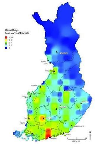 23 Suomessa. Kuva on jo 10 vuotta vanha, mutta hevosmäärät eivät ole merkittävästi muuttuneet, vaikkakin pientä nousua hevosmäärissä on tapahtunut. (Manninen ym. 2016) Kuva 3.