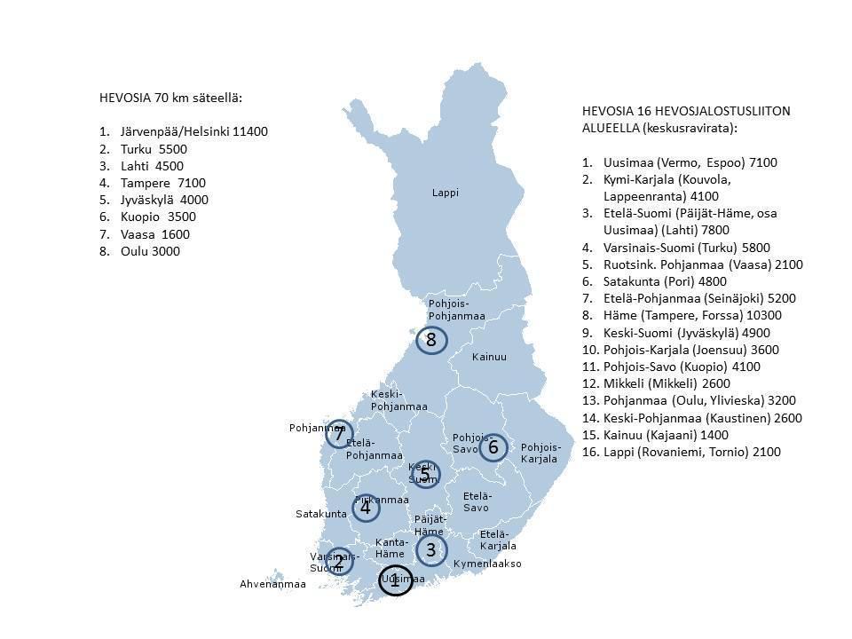 24 Kuva 4. Hevosia hevosjalostusliittojen alueilla ja suurimmat hevoskeskittymät kaupunkialueilla (Manninen ym. 2016).