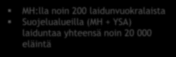 Metsähallitus ja perinnebiotoopit MH:lla noin 200 laidunvuokralaista Suojelualueilla (MH + YSA) laiduntaa yhteensä noin 20 000 eläintä VALTION MAAT Inventoidaan Suunnitellaan Kunnostetaan Vuokrataan