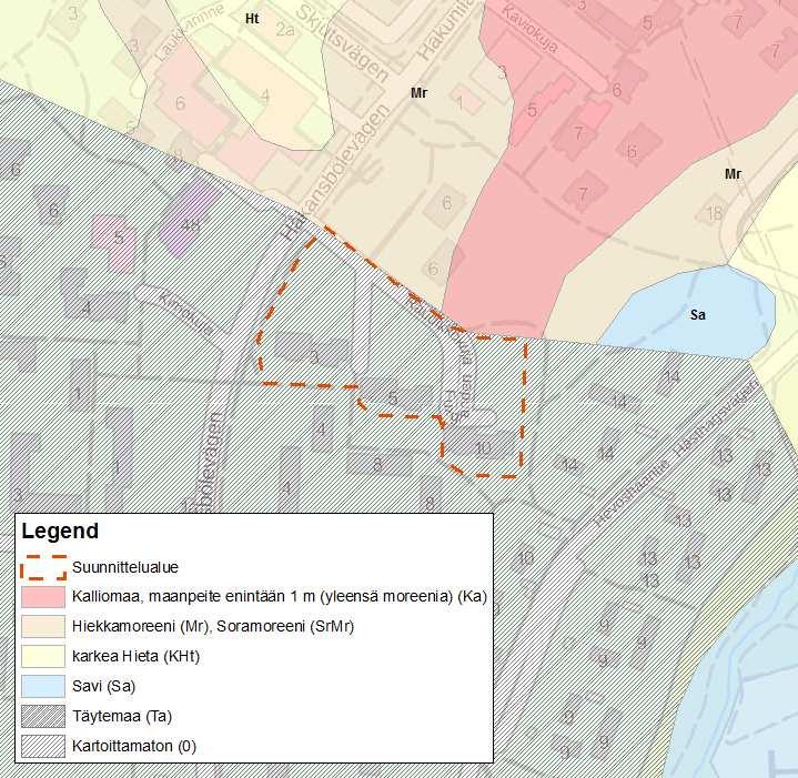 FCG SUUNNITTELU JA TEKNIIKKA OY Raudikkokujan hulevesiselvitys 5 (25) Kuva 2. Maaperäkartta. Suunnittelualueen lähiympäristössä ei ole merkittäviä pohjavesi- tai luonnonsuojelualueita.