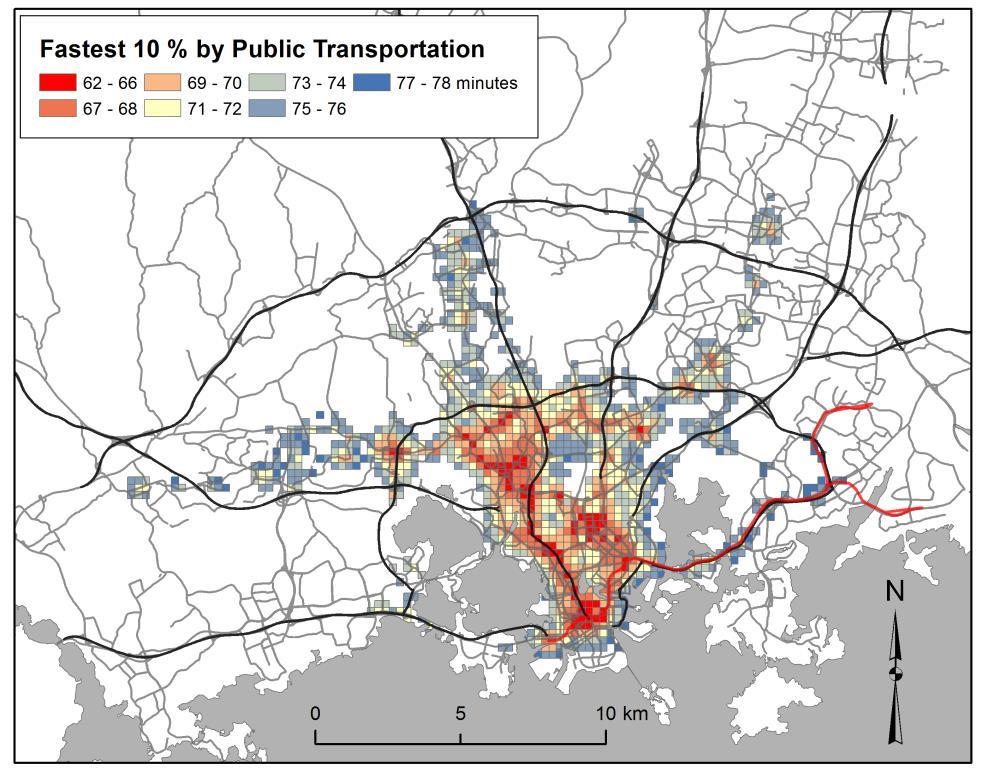 2. Multimodaalisten saavutettavuusmallien kansainvälinen vertailu Helsingissä on merkittävä ero joukkoliikennesaavutettavuuden ja autosaavutettavuuden hyvien