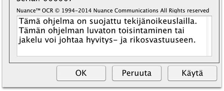 1 Tietoja sovelluksesta Otsikon alla on ohjelmiston versionumero ja tietoja tekijänoikeuslaista.