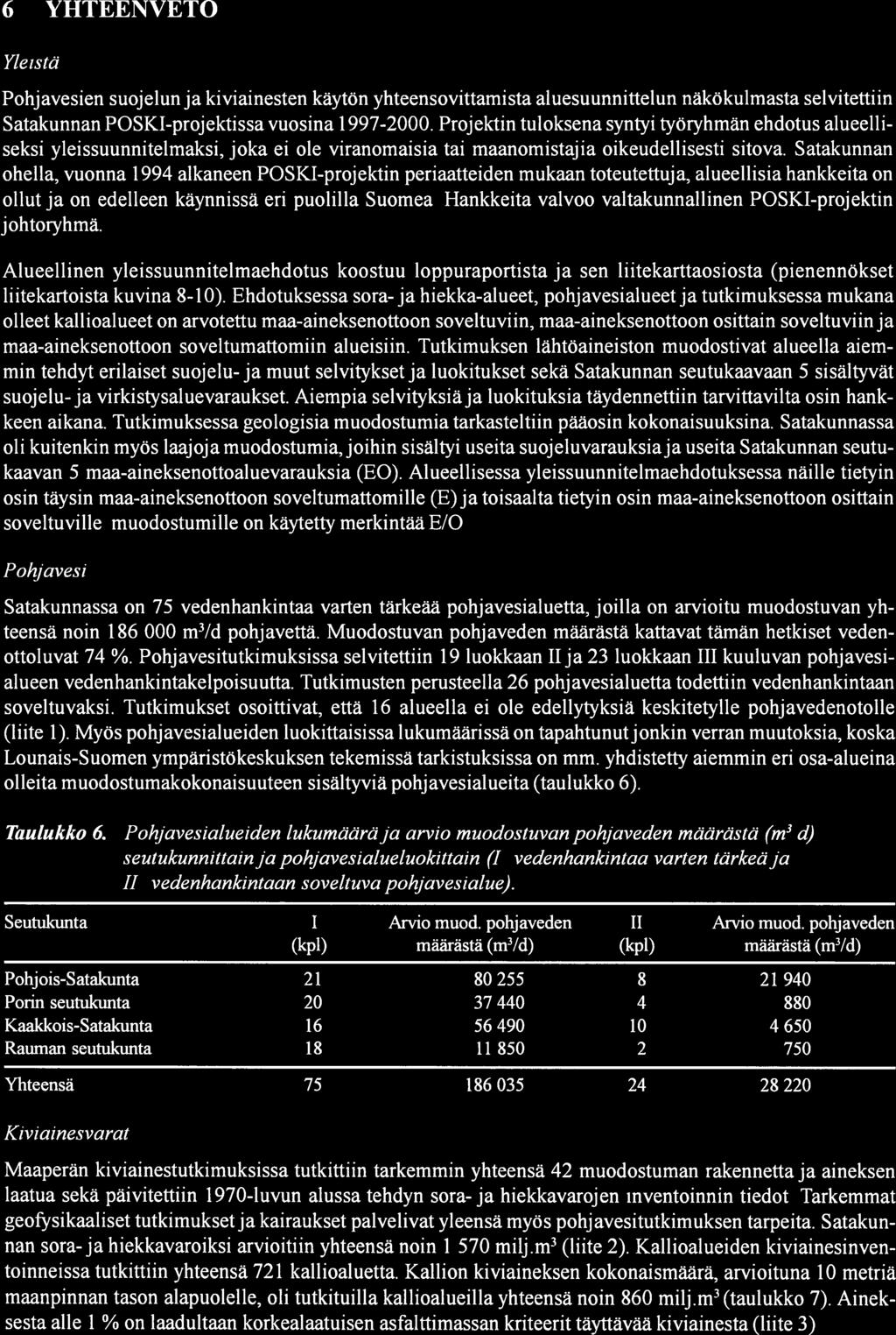 35 6 YHTEENVETO Yleistä Pohjavesien suojelun ja kiviainesten käytön yhteensovittamista aluesuunnittelun näkökulmasta selvitettiin Satakunnan POSKI-projektissa vuosina 997-2000.