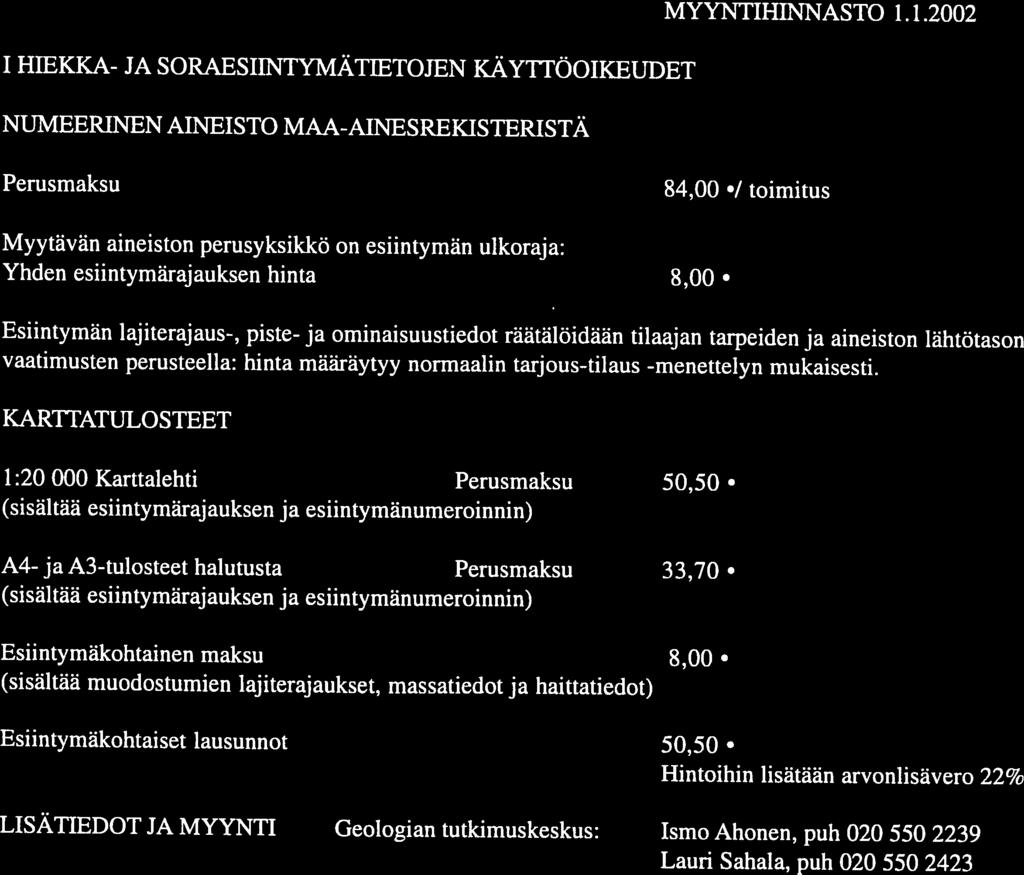 - aineiston - karttalehden - aineiston - paperitulosteiden - karttalehden 9 Liite 20. Hinnastoliite MYYNTIHINNASTO.