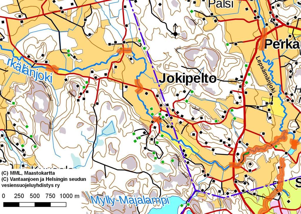 määritetyt koski- ja virta-alueet (vihreä). Kuva 44.