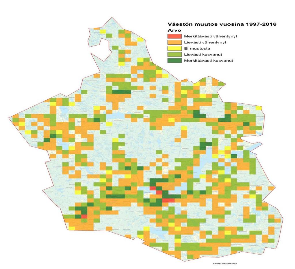 SASTAMALAN KAUPUNGIN SISÄINEN VÄESTÖN MUUTOS VUOSINA 1997-2016 Graafi kuvaa Sastamalan kaupungin sisäistä väestökehitystä 1 x 1 km tilastoruuduissa vuosien 1997-2016 välisenä aikana Vihreät ruudut