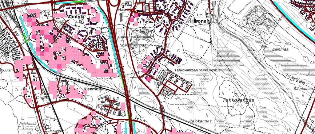 Kuva 2. Tie- ja raideliikennemelun altistumistiheyksiä Mäntylän, Kiviniemen ja Kaakkurin alueilla. 3.