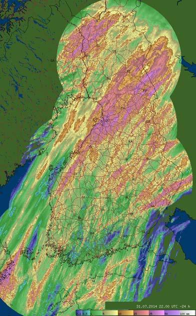 b) Helenan päivän rajuilman vuorokausisadekertymät 31.7.2014. Sadekertymien arvot kasvavat sinisestä violettiin violetin sävyisten alueiden sadekertymien ollessa >50 mm.