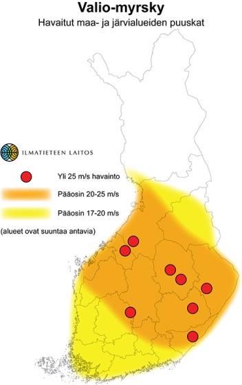 Kuva 4. Valio-myrskyn yhteydessä havaitut maa- ja järvialueiden puuskat. Yli 25 m/s puuskat on merkitty punaisilla ympyröillä. Kuva: Ilmatieteen laitos, 2016 3.