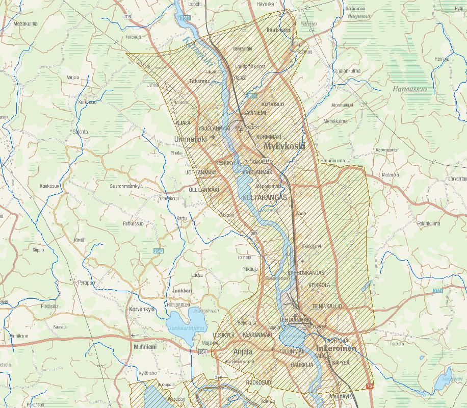 Kuva 7. Yleiskaavoitettu alue Myllykoski ja Inkeroinen teollisuus- ja varastoalueita. Uittosäännön taajamaosayleiskaavan toteuttamista.