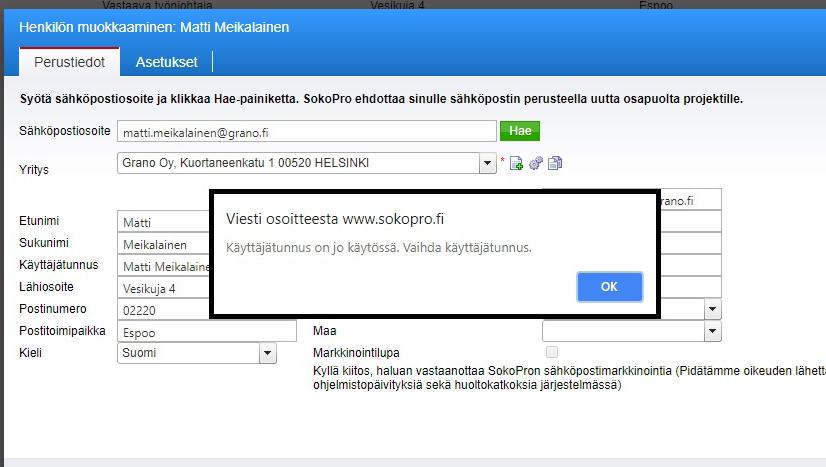 Uuden käyttäjän lisääminen yrityksen kantatietoon Samanniminen käyttäjä Mikäli projektipankista löytyy jo samalla käyttäjätunnuksella oleva käyttäjä, järjestelmä ilmoittaa siitä omassa ikkunassa.
