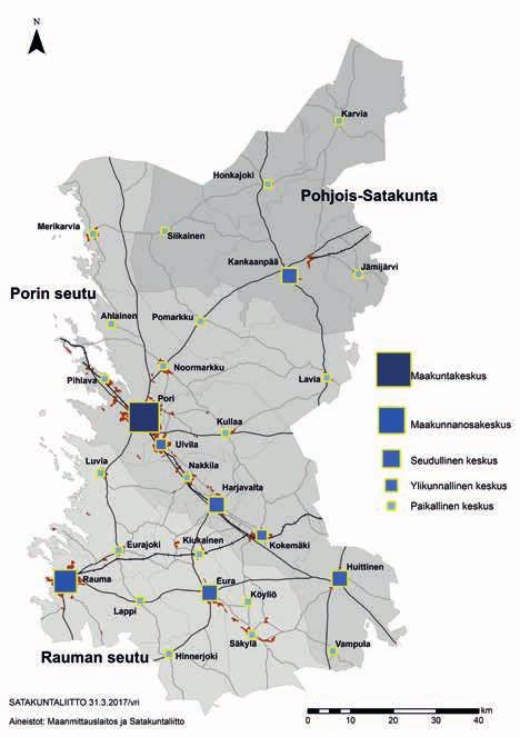 ALUE- JA YHDYSKUNTARAKENNE Satakunnan alue- ja yhdyskuntarakenteen ja saavutettavuuden perustekijät ovat maakunnan sijainti Pohjanlahden rannalla, hyödynnettävissä olevat meri- ja lentoyhteydet