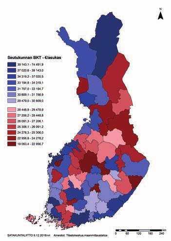 Myös Porin seutukunnan (sija 26) ja Pohjois-Satakunnan (sija 30) BKT asukasta kohden on seutukuntien mediaania korkeampi (kuva 9).