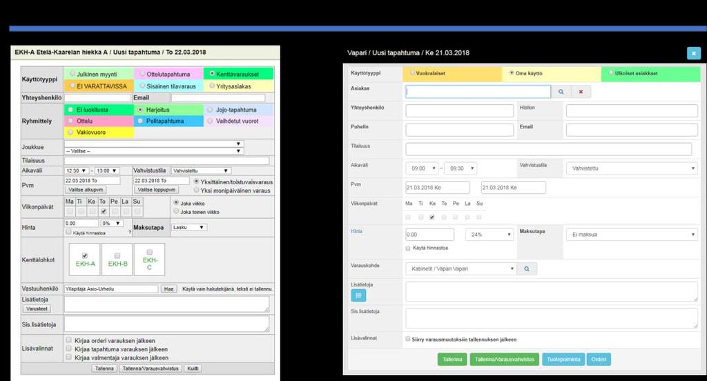 Hiiren oikean korvan lisätoiminnot saatavilla myös responsiivisella kalenteripinnalla. Tooltip -informaatio näkymä varauksen tiedoista responsiivisella kalenteripinnalla.