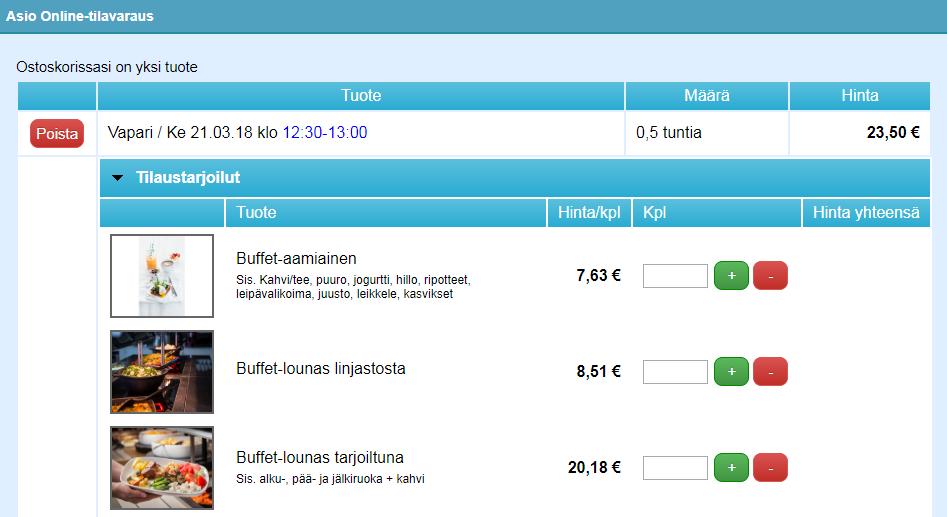 Tuote- ja palvelumyynnin kytkeminen tilavarauksiin ja palveluntarjoajille toimittajakohtaisesti. Tuote- ja palvelumyynti voidaan kytkeä myös nettivarauspalveluiden ostoskoriin.