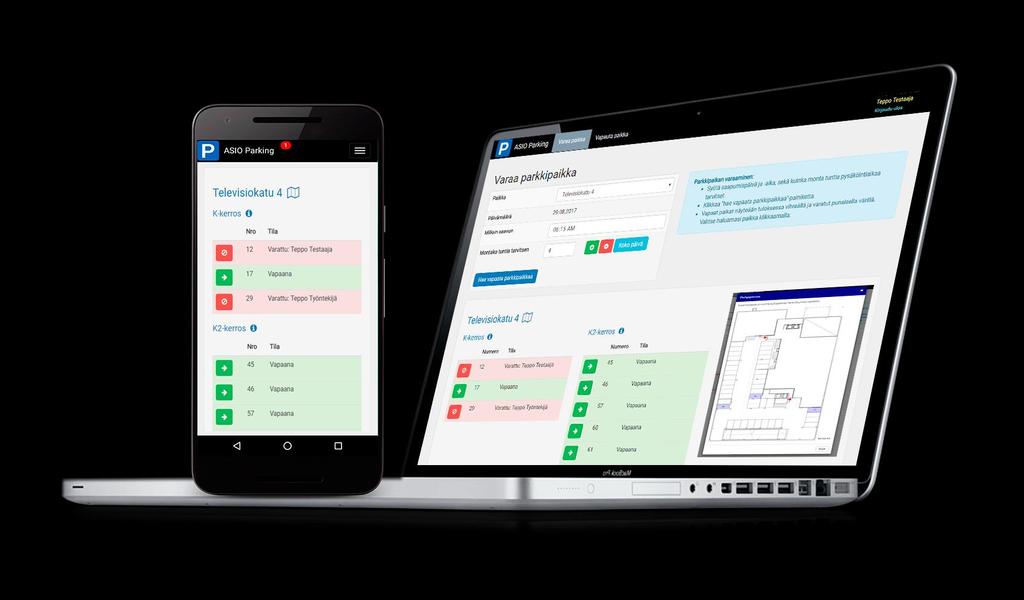 Asio Parkkivaraus uudet v18 toiminnallisuudet Täysin mobiili käyttöliittymä parkkipaikkavarausten teolle.