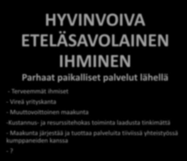 Tavoite 2030 HYVINVOIVA ETELÄSAVOLAINEN IHMINEN Parhaat paikalliset palvelut lähellä Mitkä ovat strategiset kärjet eteläsavolaisen ihmisen hyvinvoinnin lisäämiseksi?